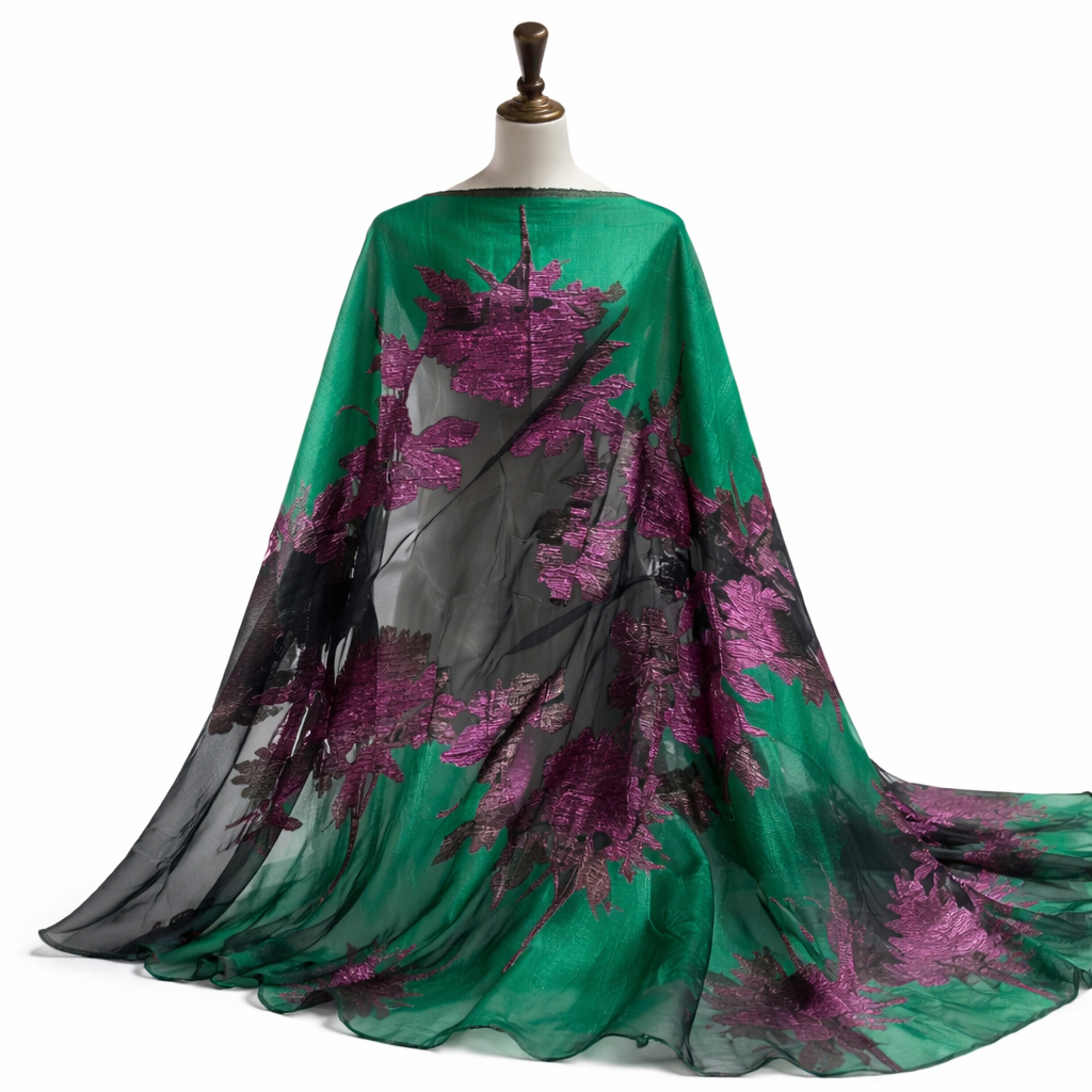 Quality Sheer Floral Jacquard Fabric with Green Base